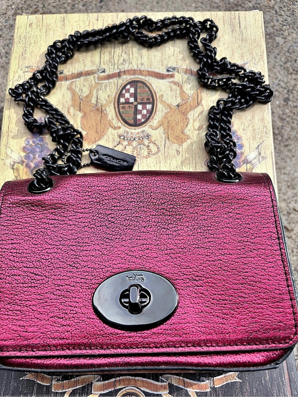 Coach Chain Crossbody in Metallic Crossgrain Leather Red & Black Bag